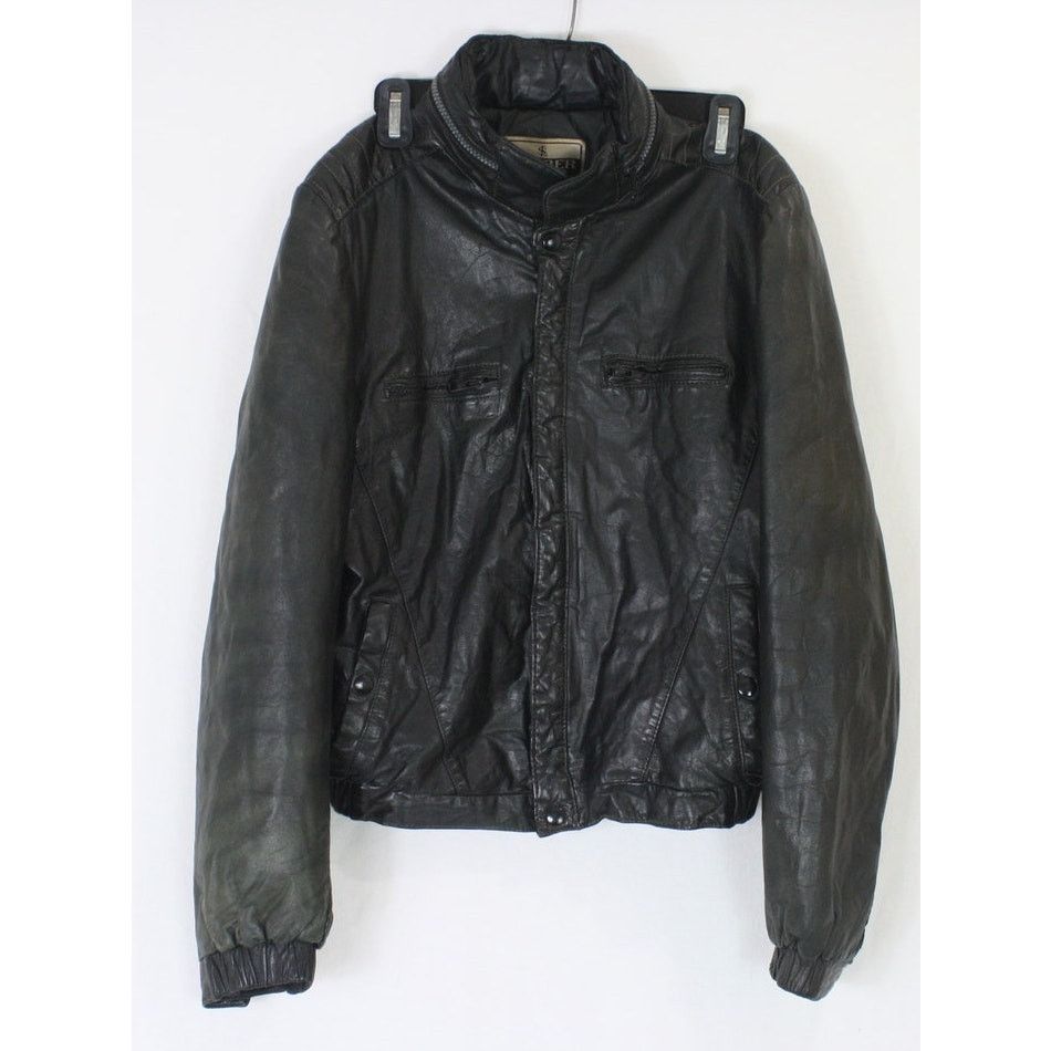 Vintage 80s Leather Cafe Racer Jacket 38 Black Hooded Bomber