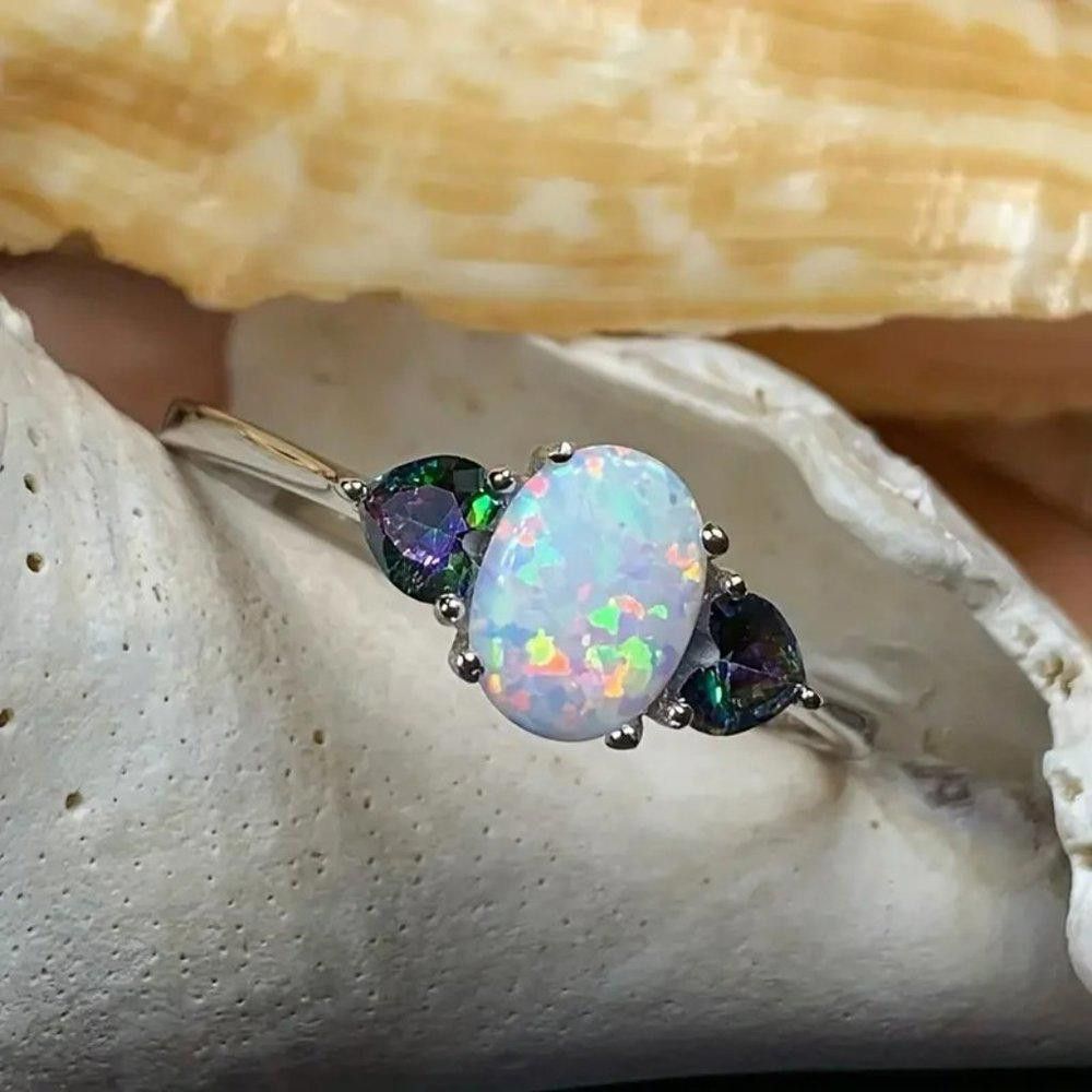 Designer White Opal & Heart Shaped Mystical Topaz Ring - Size 7 Size ONE SIZE - 9 Thumbnail