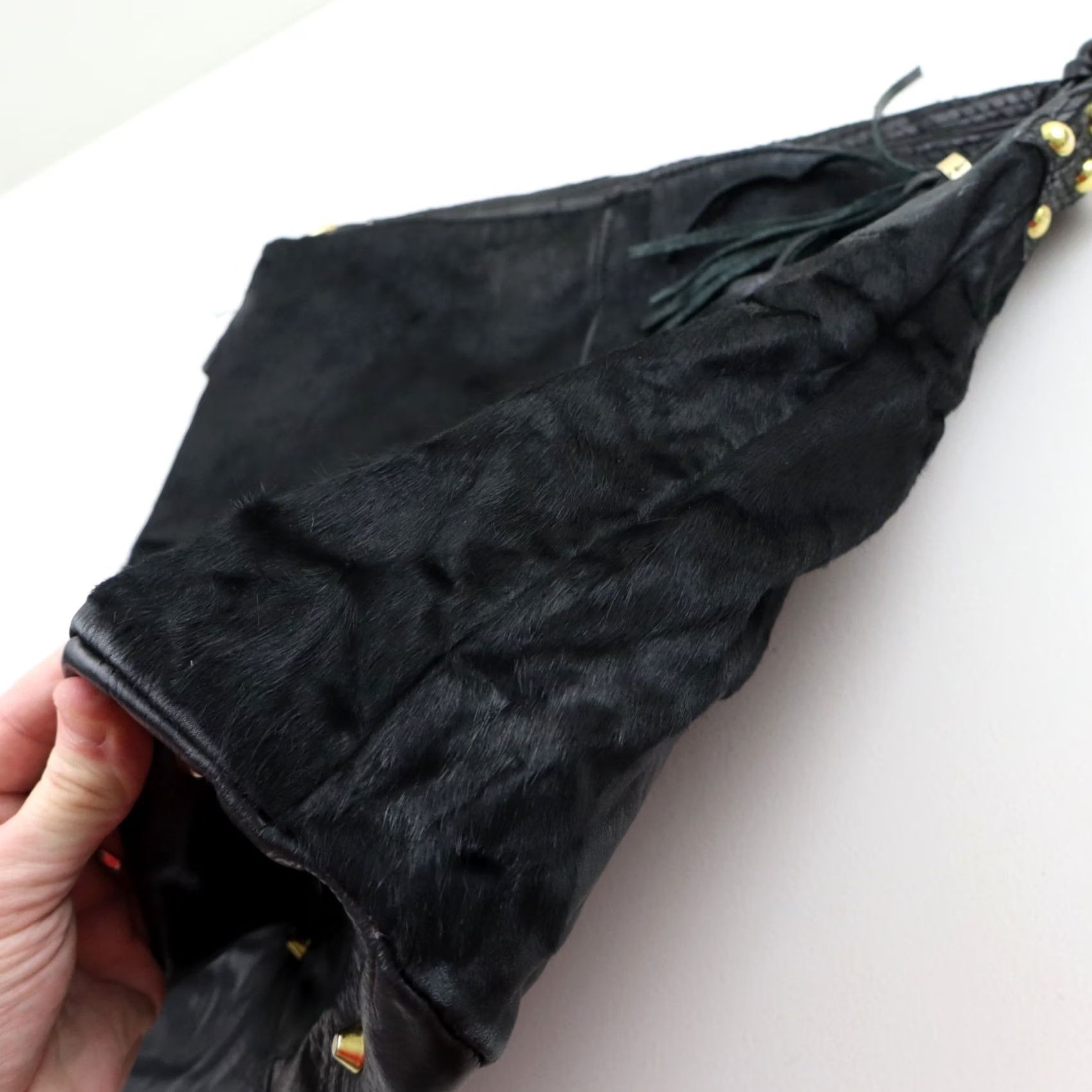 Cynthia Rowley CYNTHIA ROWLEY Leather Hair-On Hobo Bag Purse Damaged Vintage Large Black Casual Shoulder Bag Womens Size ONE SIZE - 7 Thumbnail
