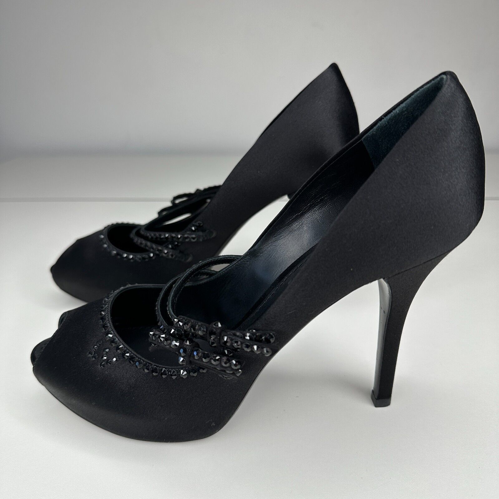 Louis Vuitton Louis Vuitton Black Satin Open Toe Crystal Strap Pumps 37.5 Size US 7 / IT 37 - 5 Thumbnail