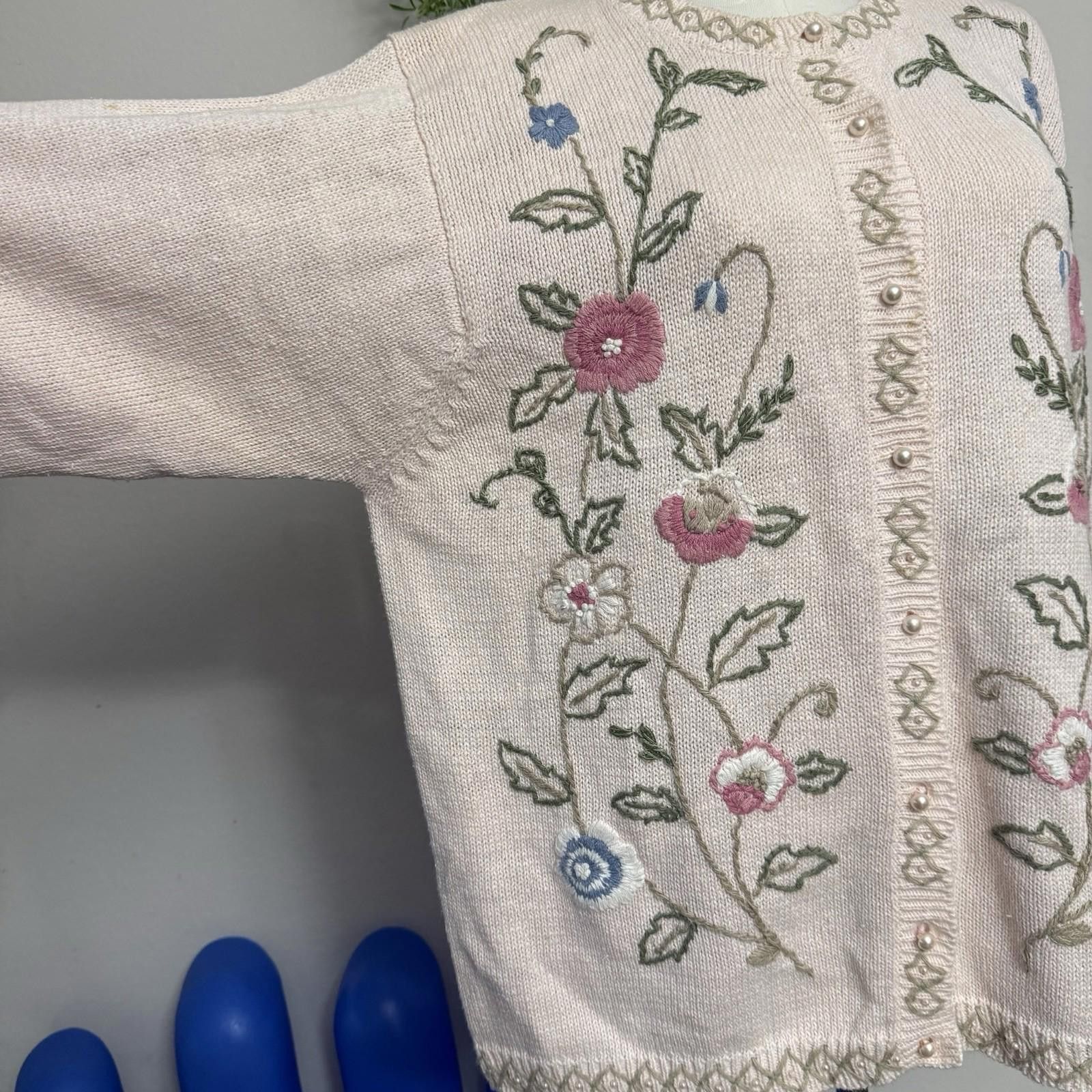 Designer Ramie 80s Floral Cottage Core Embroidered Beaded Cardigan L Size L / US 10 / IT 46 - 4 Thumbnail
