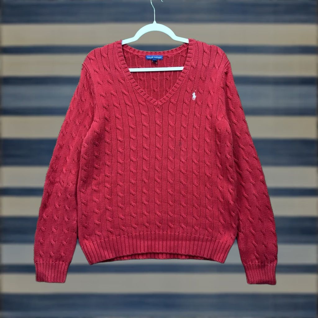 Polo Ralph Lauren Polo Ralph Lauren Sweater Polo Ralph Lauren Womens XL Red Cable Knit V-Neck 90s Vintage Pullover Shirt Womens Size XL / US 12-14 / IT 48-50 - 1 Thumbnail