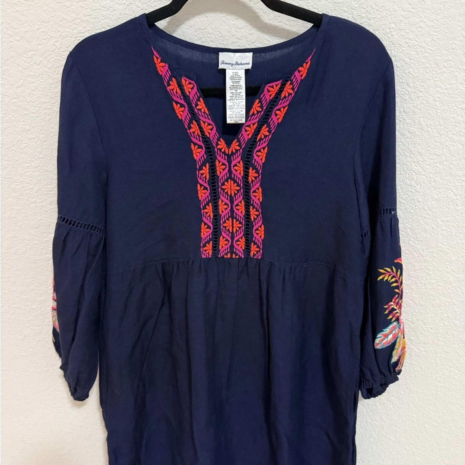 Tommy Bahama Tommy Bahama Navy Tunic Dress 3/4 Sleeve Embroidered Boho XS Size XS / US 0-2 / IT 36-38 - 4 Thumbnail