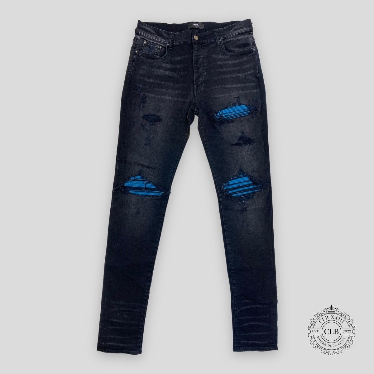 image of Amiri Mx1 Cracked Paint Jeans In Aged Black/blue, Men's (Size 38)