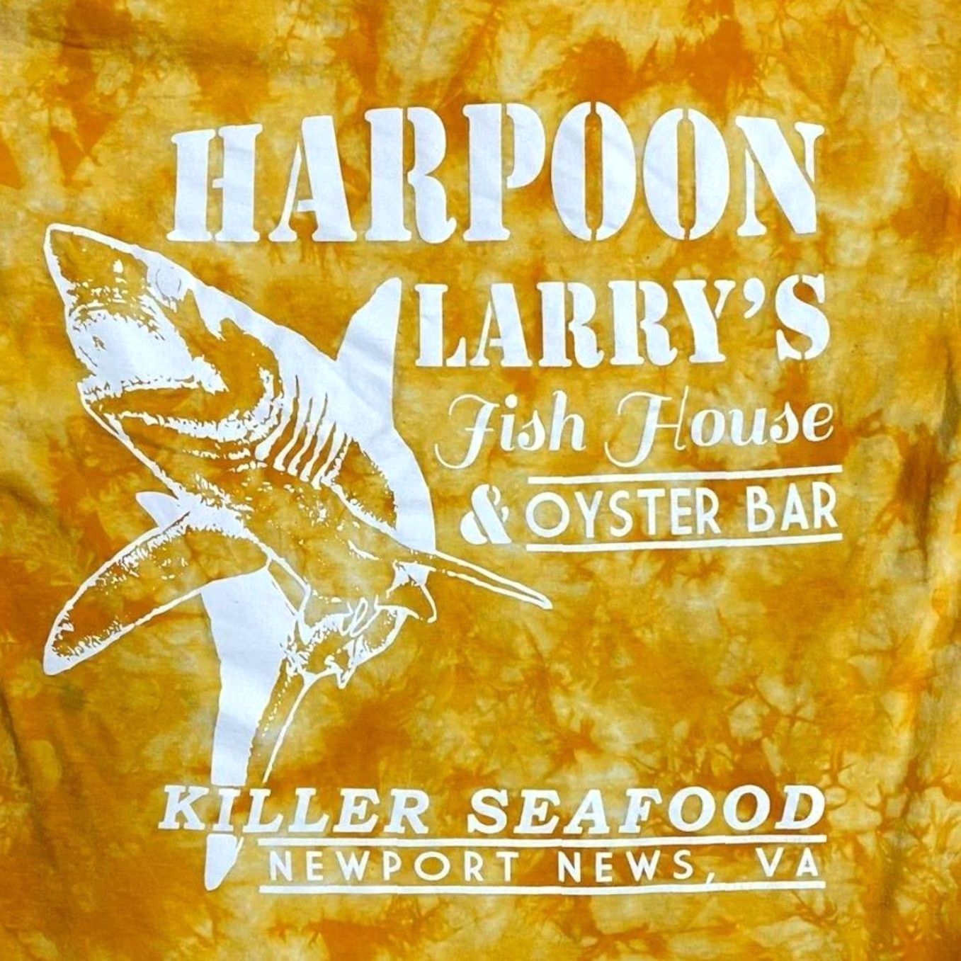 Vintage Harpoon Larry's Fish House & Oyster Bar “Killer Seafood” Tie Dye T-Shirt S Mens Yellow Short Sleeve Graphic front back 90s? Size US S / EU 44-46 / 1 - 3 Thumbnail