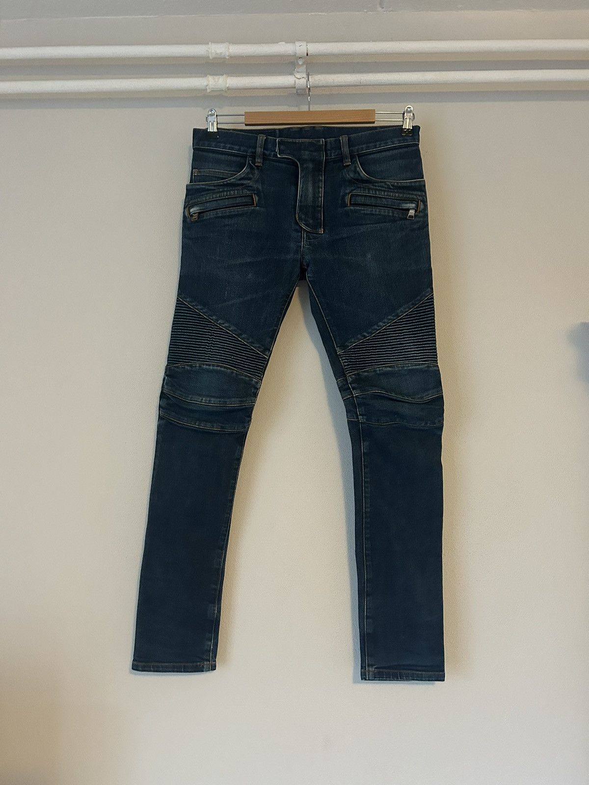 image of Balmain Indigo Raw Denim Biker Jeans in Indigo Denim, Men's (Size 31)