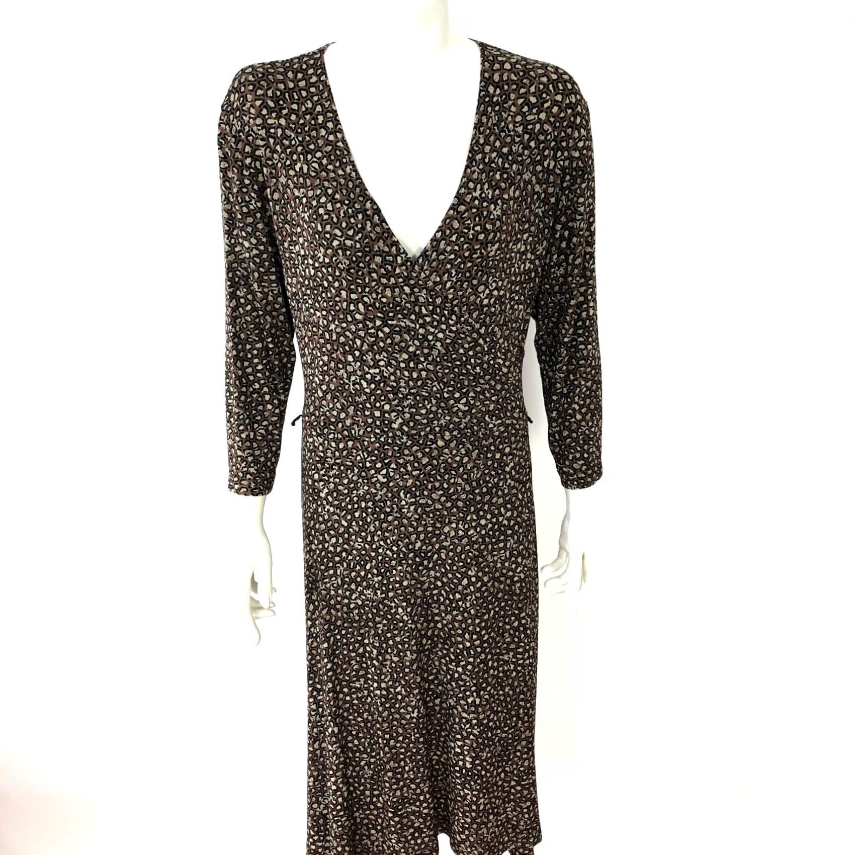 Vintage Chico's Travelers A-Line Faux Wrap Midi Dress Animal Print Brown Women's Slinky 1 V-Neck Long Sleeve Casual Travel Size XS / US 0-2 / IT 36-38 - 2 Thumbnail