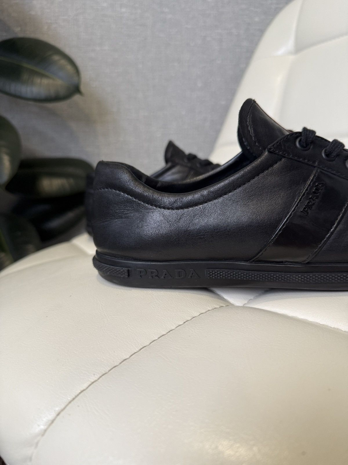 Prada Prada Black Leather Low-Top Sneakers with Red Stripe Logo Size US 7 / IT 37 - 12 Thumbnail
