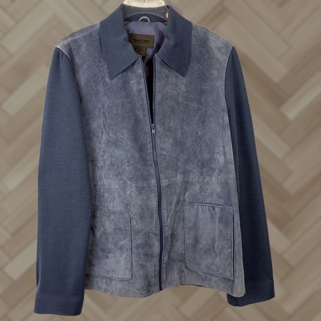 Vintage Brandon Thomas Jacket Womens 1X Blue Suede Leather Wool Blend Sleeves Full Zip Size XL / US 12-14 / IT 48-50 - 1 Thumbnail