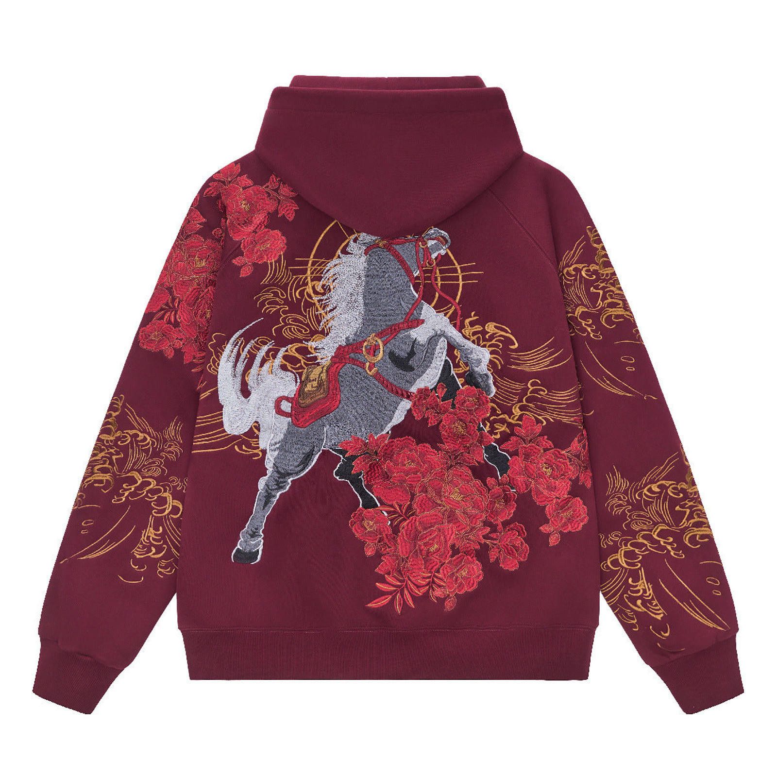 Japanese Brand Burgundy Embroidered Floral Horse Hoodie Size US M / EU 48-50 / 2 - 1 Thumbnail