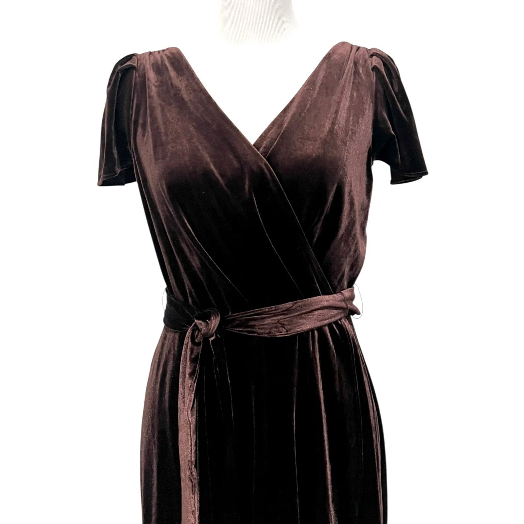 DKNY DKNY Womens Brown Velvet Faux-Wrap Flutter Sleeve Midi Belted Dress 10 Women’s Party Formal Velvet Maxi Wrap Dress Size L / US 10 / IT 46 - 4 Thumbnail