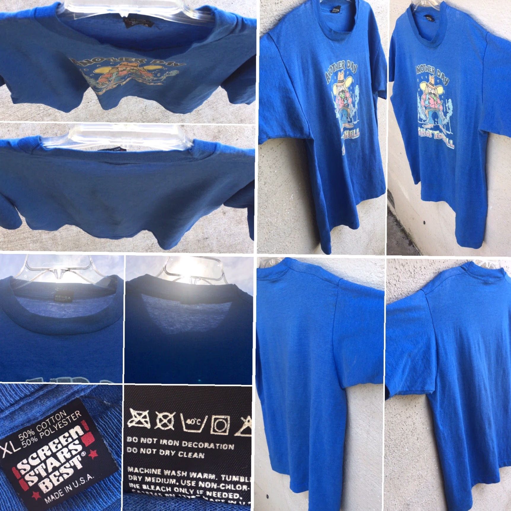 Vintage VINTAGE Screen Stars T-Shirt 1980s XL Blue Men Short Sleeve Graphic Tee Cowboy Iron On Another Day Shot To Hell 80s Size US XL / EU 56 / 4 - 4 Thumbnail