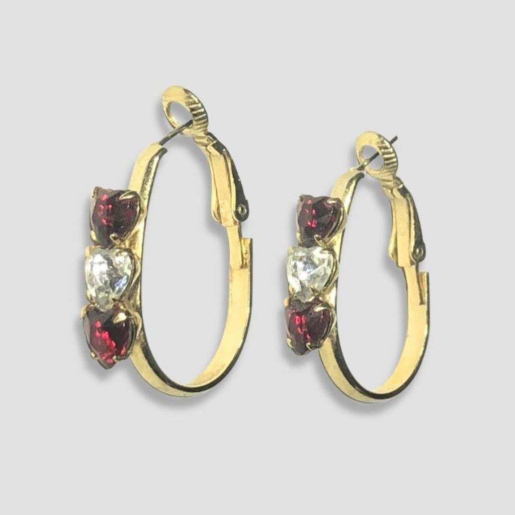 Vintage Hoop Earrings Three Heart-shaped Stones Latch Back Close Red Size ONE SIZE - 1 Thumbnail