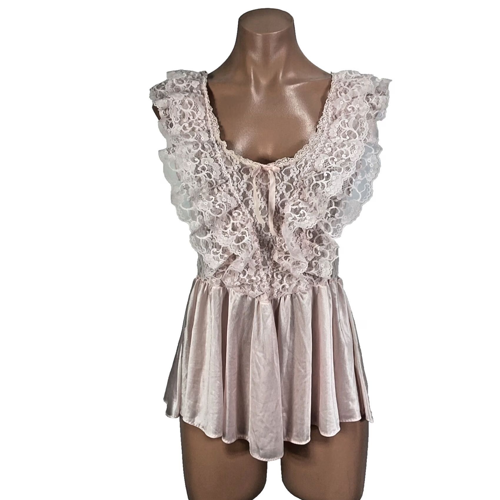 Pinko VINTAGE Vandemere Chemise Womens S Pink Vtg Teddy Coquette Ruffle Ethereal Princess Nylon Lace Size ONE SIZE - 2 Thumbnail