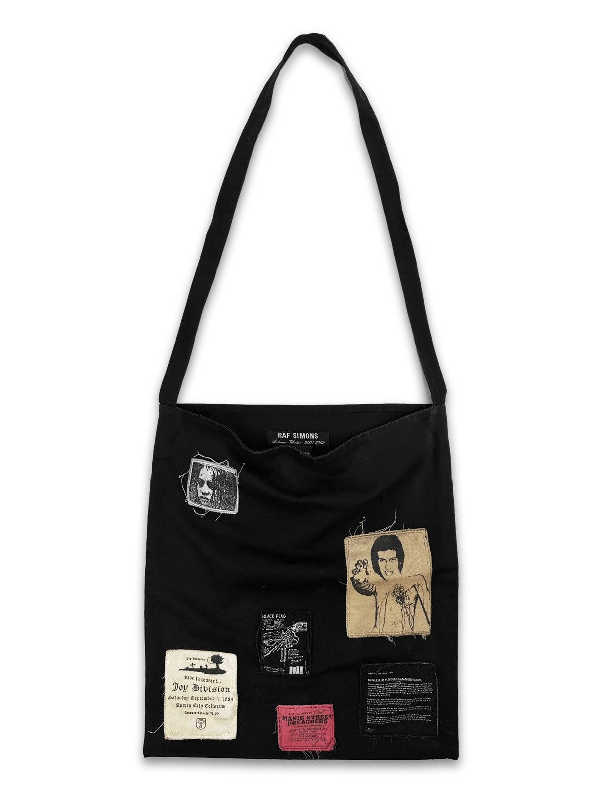 Aw01 Raf Simons Riot Riot Riot Patchwork Crossbody Tote Bag in Black, Men's