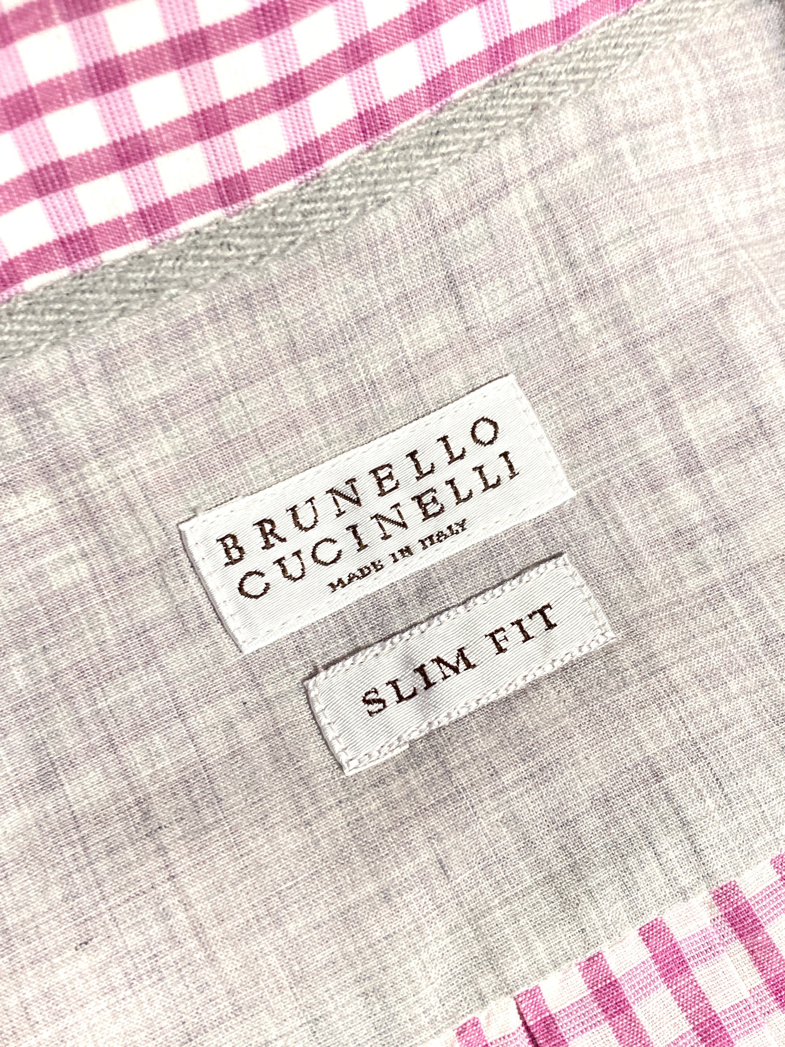 Brunello Cucinelli Brunello Cucinelli Pink White Check Cotton Linen Slim Shirt Size US M / EU 48-50 / 2 - 10 Thumbnail