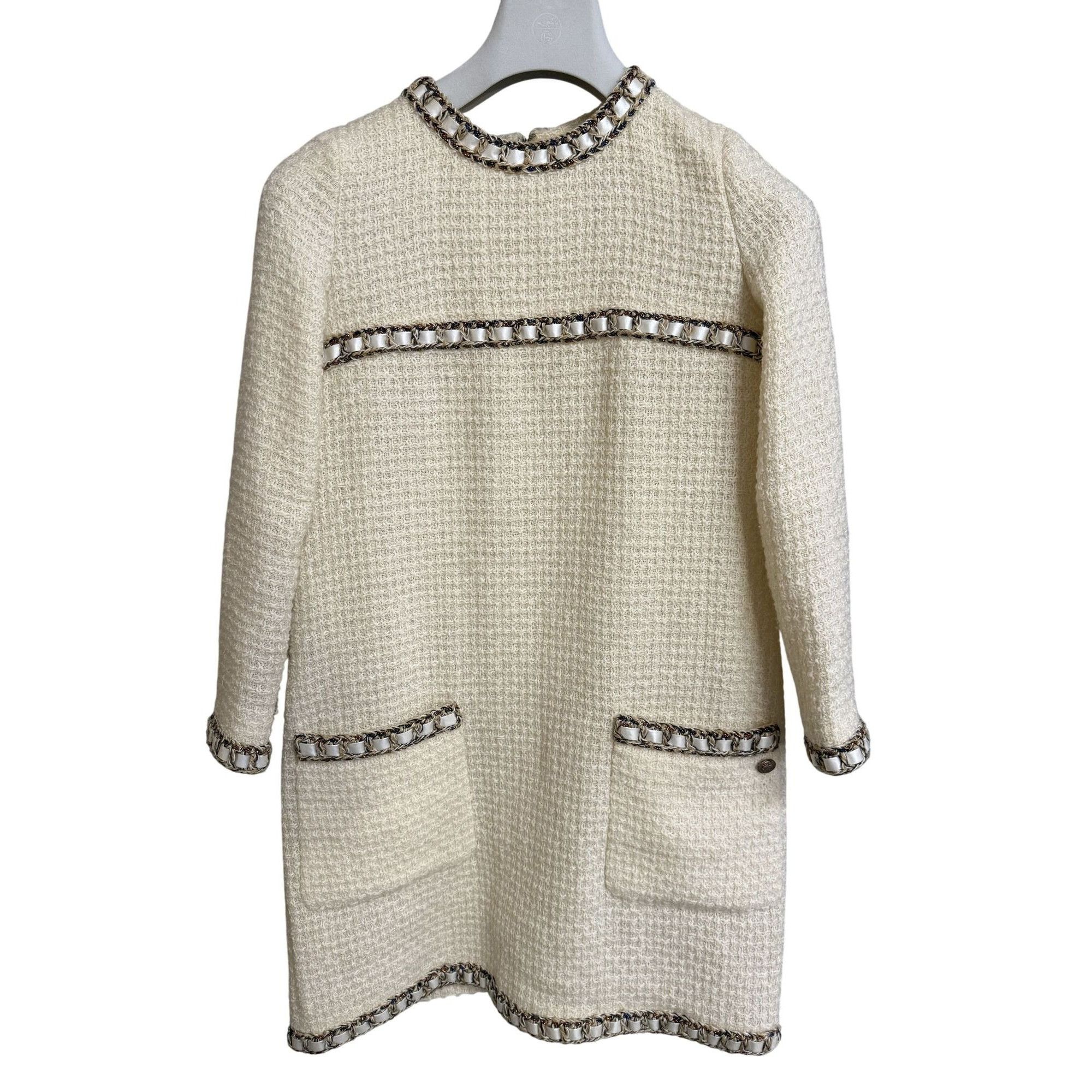 white christmas dresses Chanel Cream Black Rib Knit CC Button Placket Mini Dress – The Closet New  York