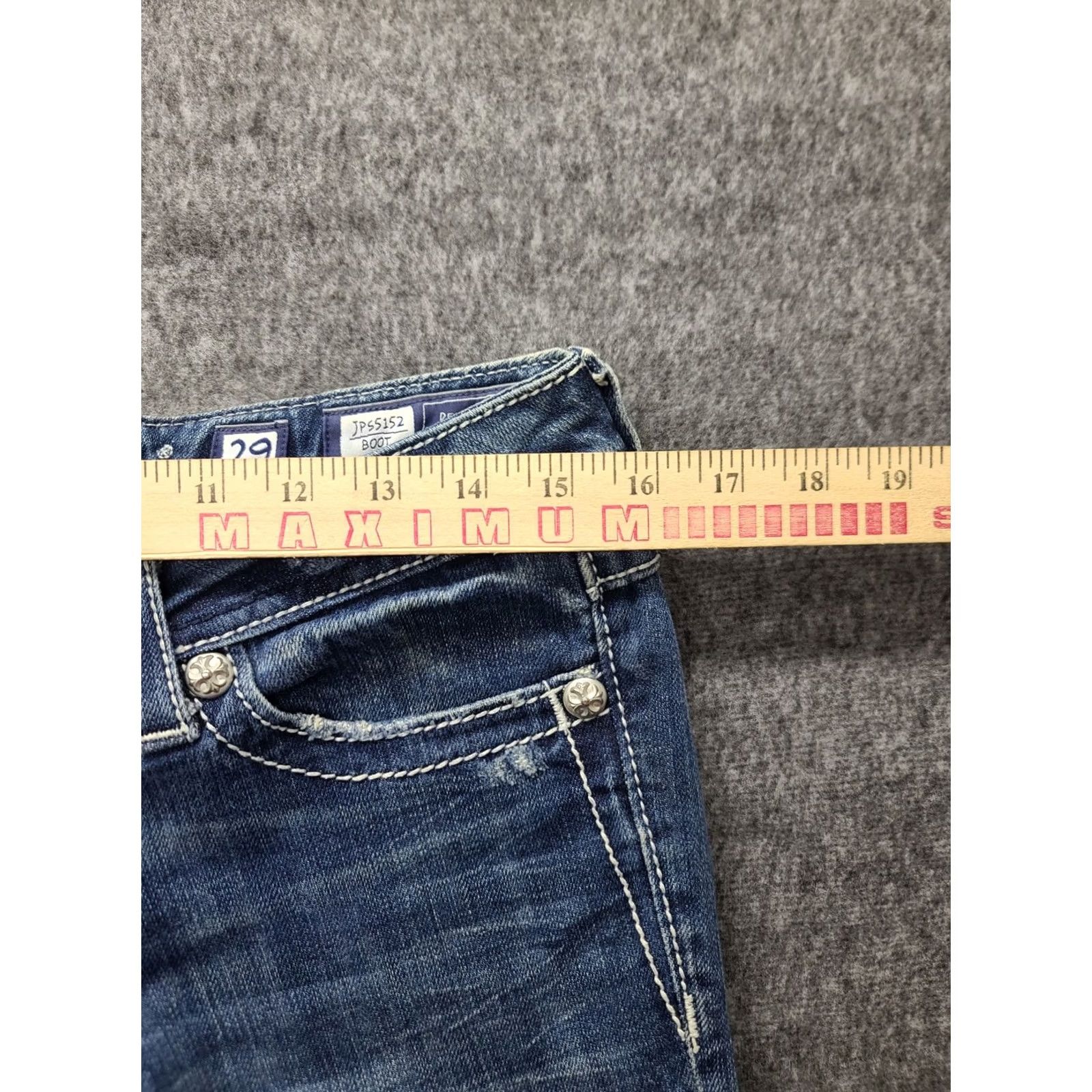 Miss Me Miss Me Jeans Womens 29x32 Regular Fit Bootcut Mid Rise Distressed Stretch Denim Blue Embroidered Rhinestone 5-Pocket Design Size 29" - 6 Thumbnail