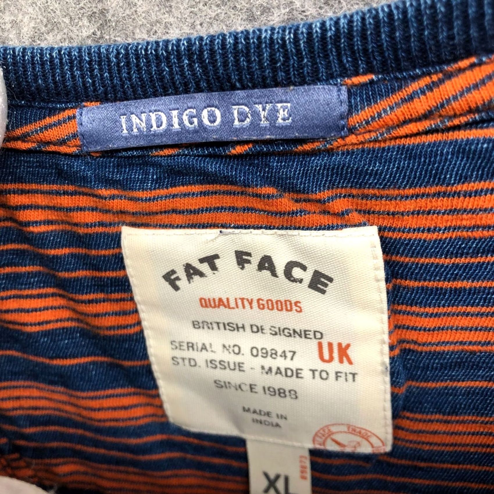 FatFace Fat Face T Shirt Mens XL Indigo Dye Short Sleeve Orange Blue Striped Cotton Crew Shirt Vintage? No Size US XL / EU 56 / 4 - 5 Thumbnail