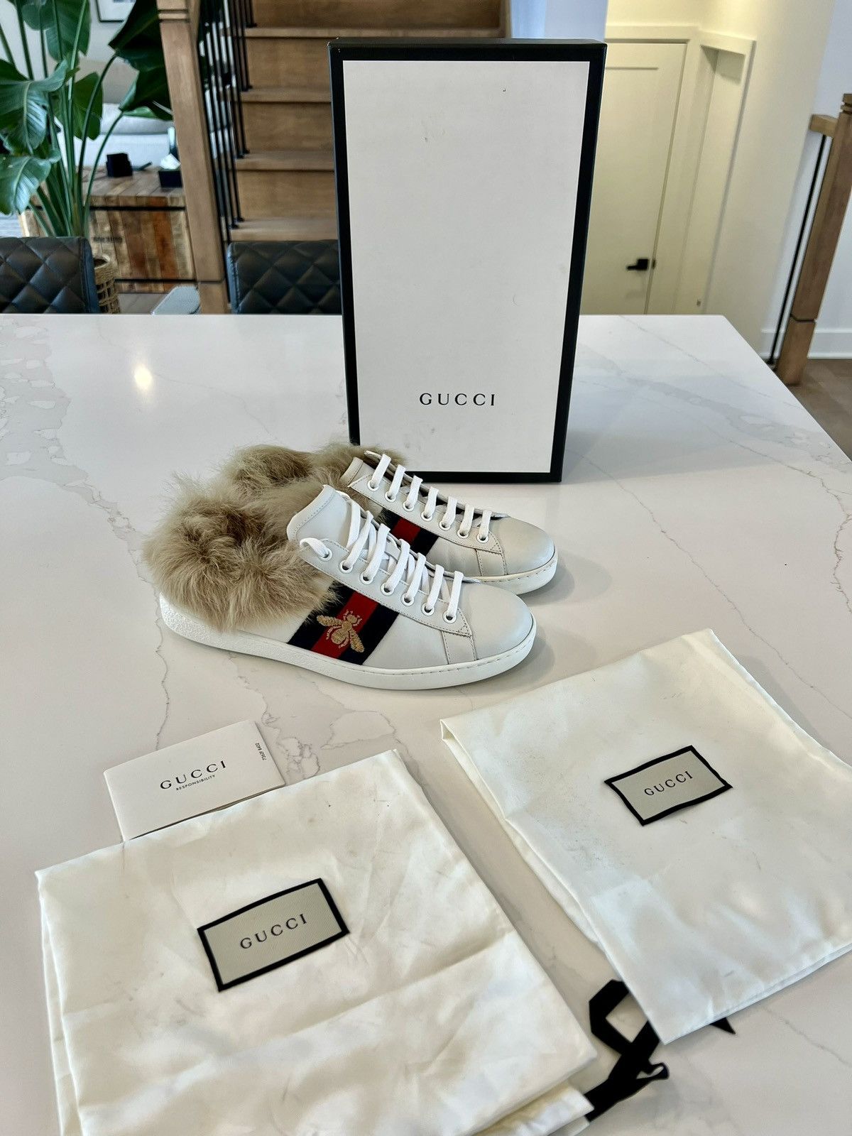 Gucci New Gucci Ace Lamb Fur Bee Embroidered Leather G 7 US 8 Size US 8 / EU 41 - 1 Thumbnail