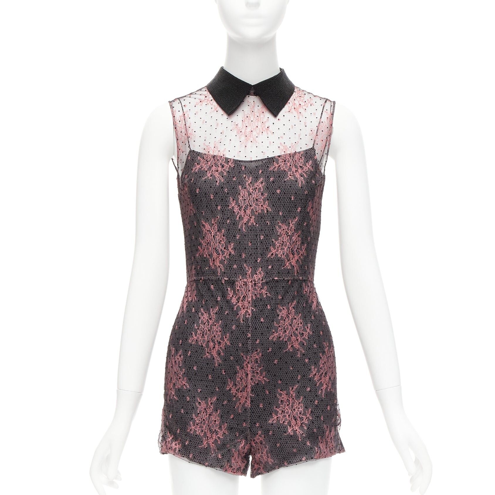 Dior CHRISTIAN DIOR black pink intricate lace overlay playsuit romper FR34 XS Size 26" / US 2 / IT 38 - 1 Preview