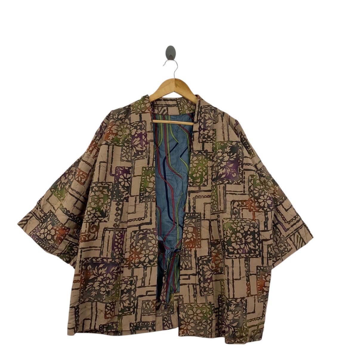 Vintage 70s KIMONO JAPAN HAORI Geometric Earth Tone