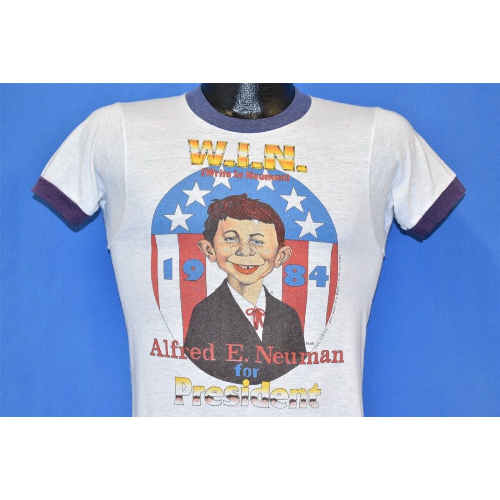 image of Vintage VTG 80's Alfred E Neuman President 1984 Mad Magazine Write In Ringer T-Shirt Xs in White