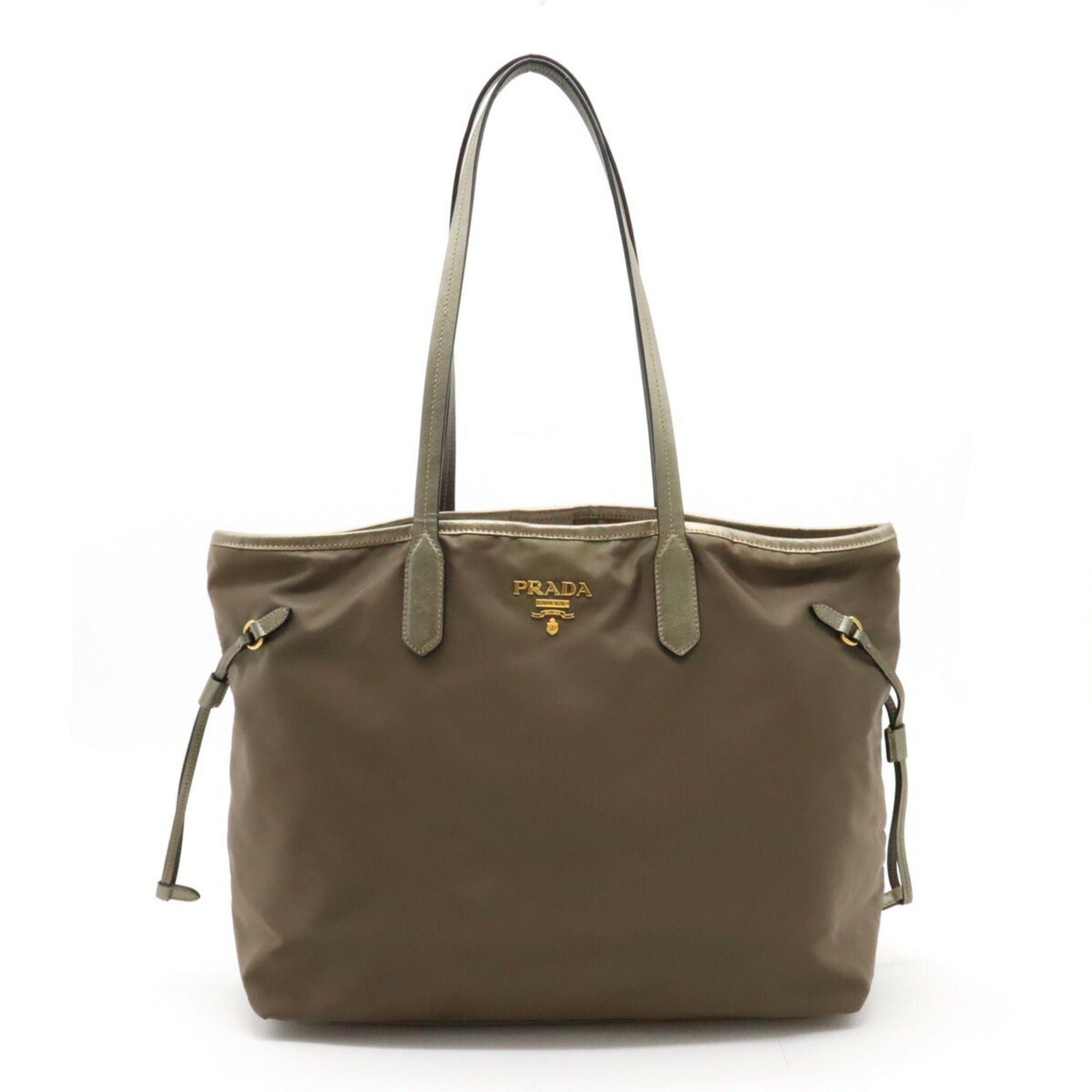 image of Prada Tote Bag Shoulder Nylon Metallic Leather Fumo Mordore Khaki Br4001 in Green, Women's