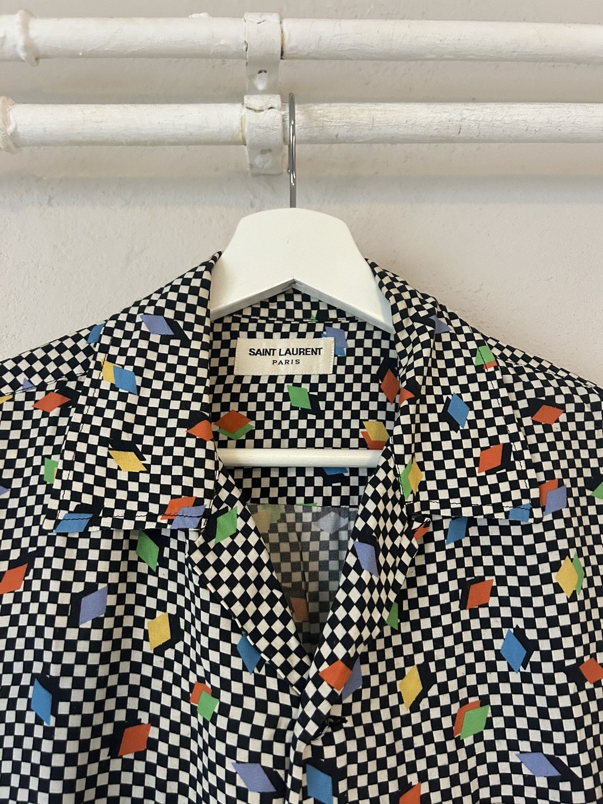 Saint Laurent Paris Checkerboard Cotton Short Sleeve Shirt w/ Geometric Print Size US L / EU 52-54 / 3 - 2 Thumbnail