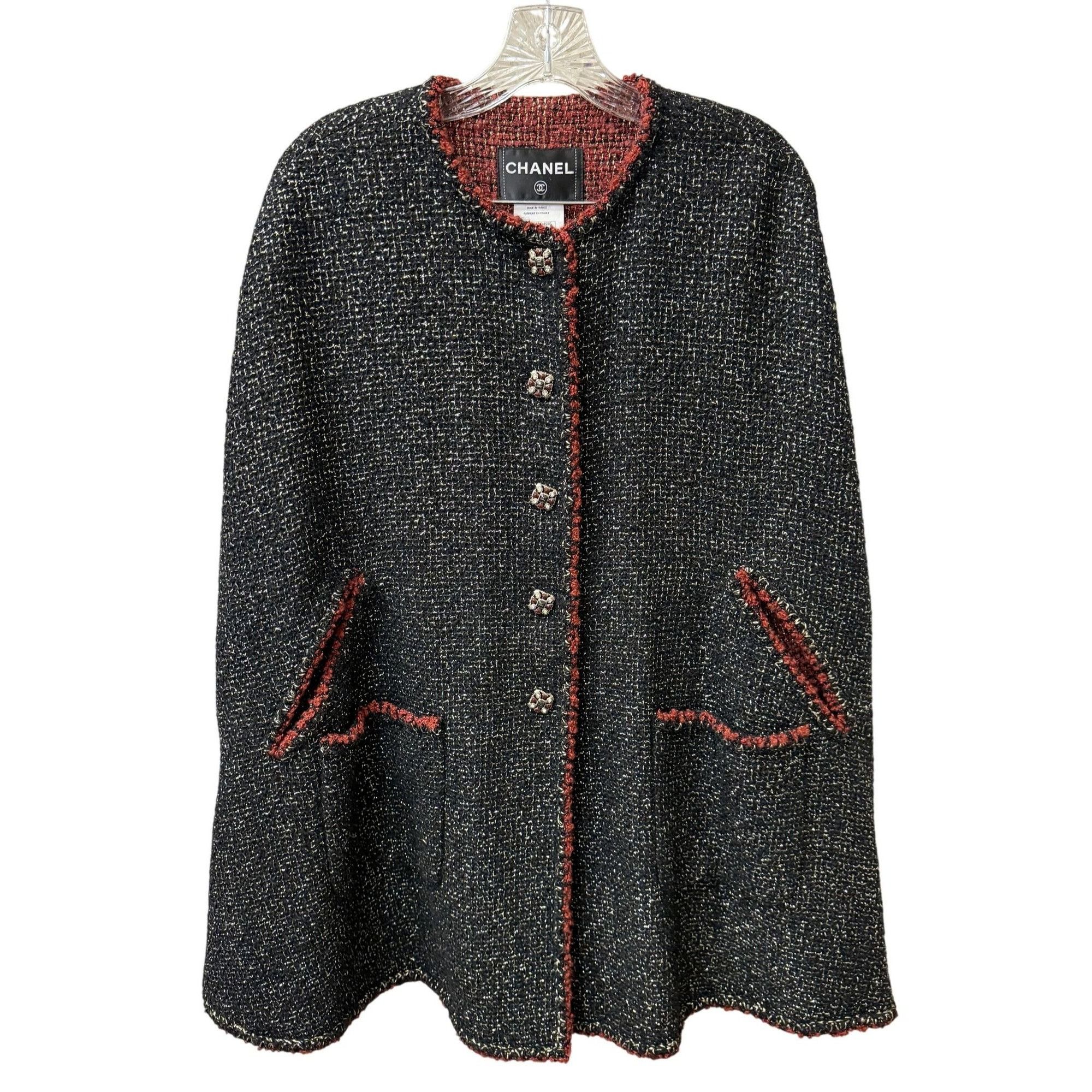 Chanel Chanel Womens Tweed Cape Jacket Black/Red Trim Wool Blend Si Size XS / US 0-2 / IT 36-38 - 1 Thumbnail