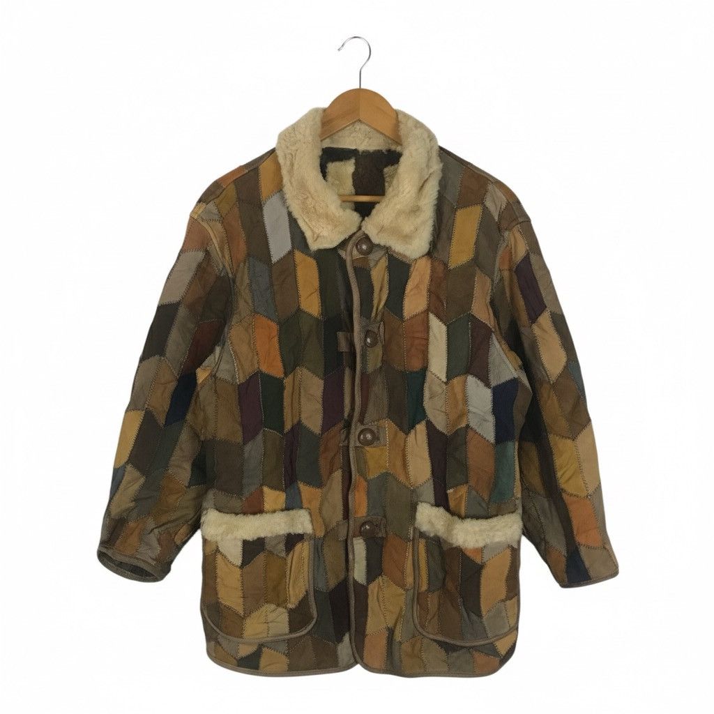 Vintage Vintage 70s Chevron Patchwork Leather Shearling Coat Size US M / EU 48-50 / 2 - 1 Thumbnail