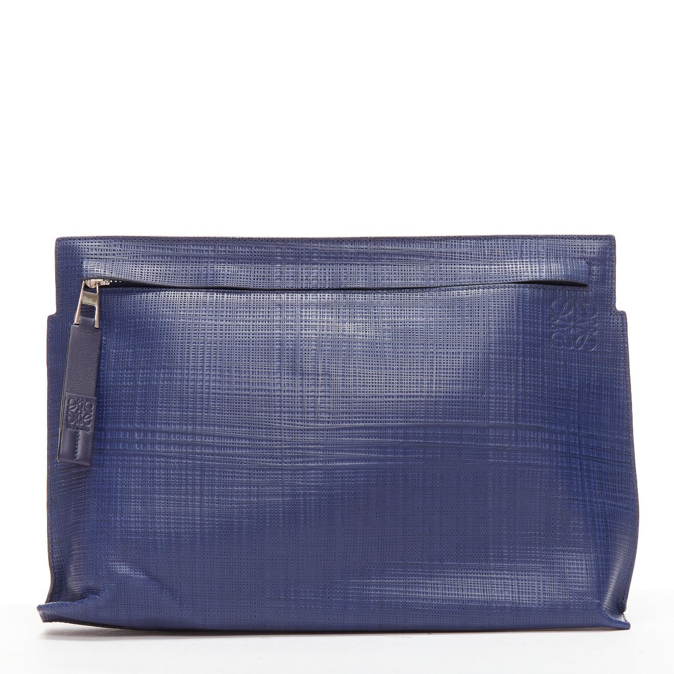 Loewe LOEWE T Pouch navy textured checkered leather silver zip wrist clutch bag Size ONE SIZE - 1 Thumbnail