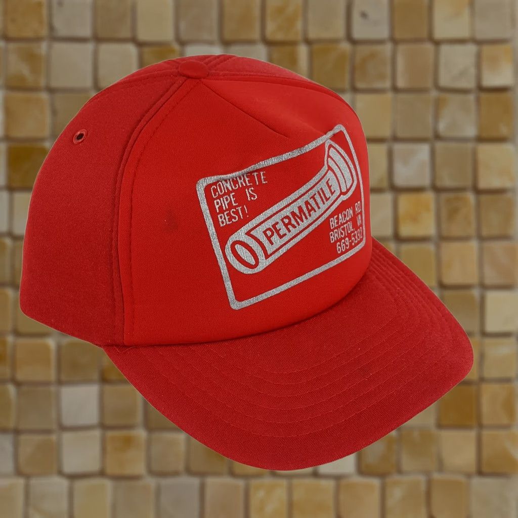 Vintage VINTAGE San Sun 80s Permatile Concrete Pipe Trucker Hat Foam Snapback Adjustable Retro Cap Hat Mens Red Size ONE SIZE - 1 Thumbnail