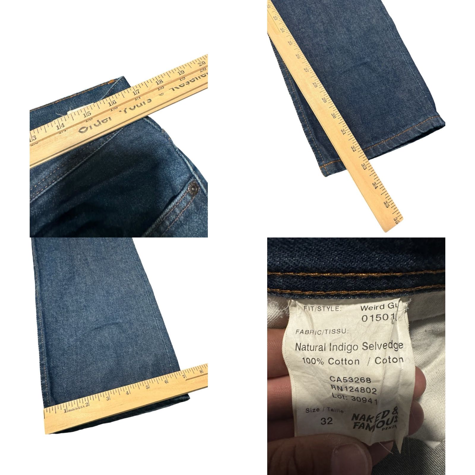 Vintage Naked & Famous Denim Weird Guy Natural Indigo Selvedge Jeans 32X33 Size US 32 / EU 48 - 11 Thumbnail