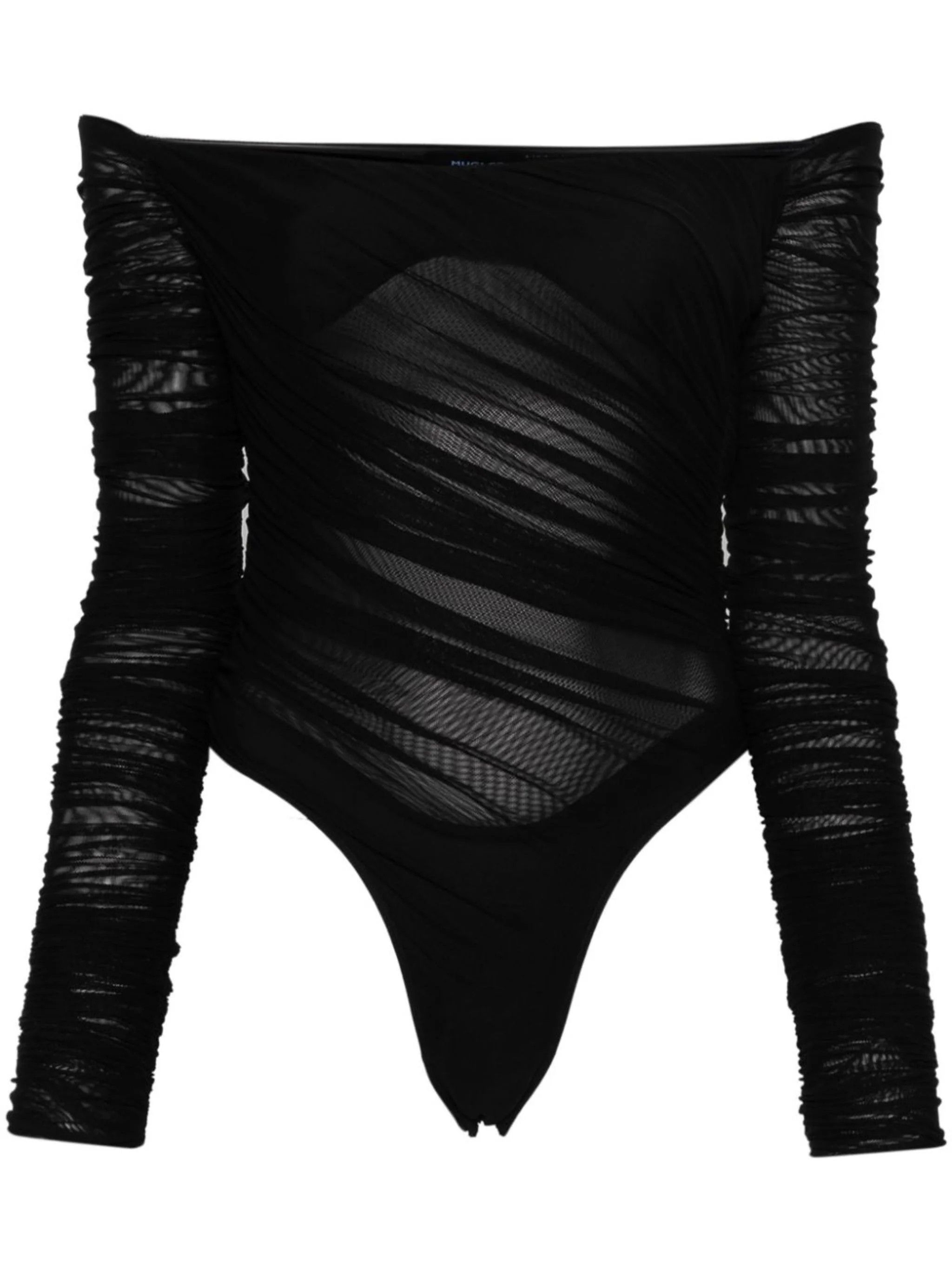 Mugler o1s22i1n1024 Off Shoulder Mesh Bodysuit in Black Size XS / US 0-2 / IT 36-38 - 1 Thumbnail