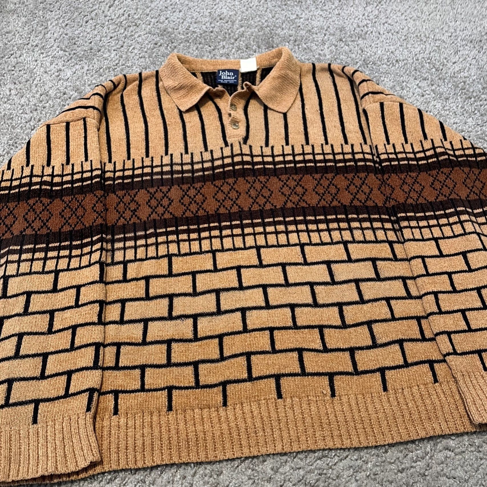 Blair VINTAGE 80s John Blair Brown Multi Pattern Cotton Knit Long Sleeve Polo XL Mens Sweater Size US XL / EU 56 / 4 - 3 Thumbnail