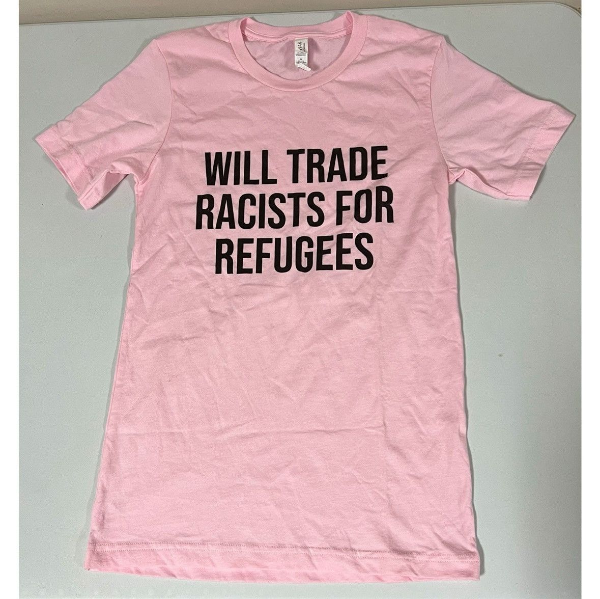 Gildan Pink ‘Will Trade Racists For Refugees’ T-Shirt Top Tee XS 🎀✨ Size US XS / EU 42 / 0 - 1 Thumbnail