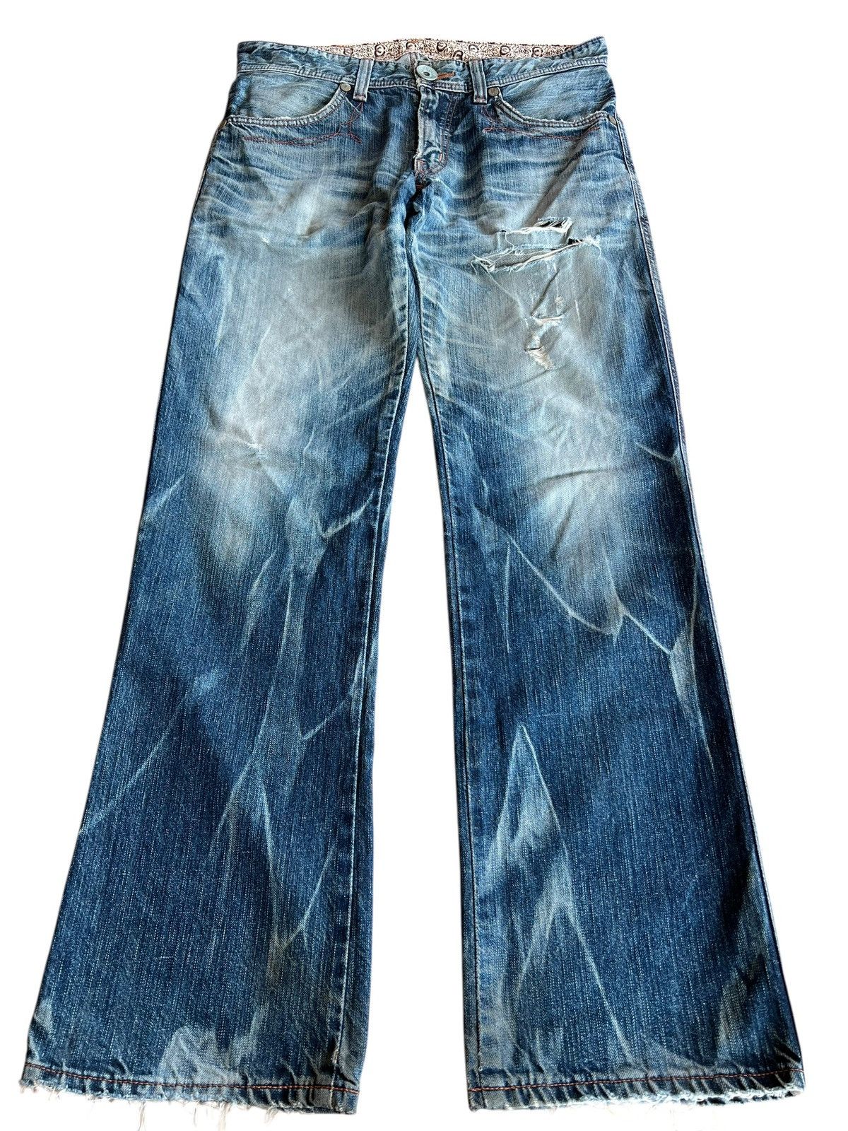 Edwin Vintage Flare Edwin 503 Blue Trip Clawmark Distress Jean Size US 33 - 1 Thumbnail