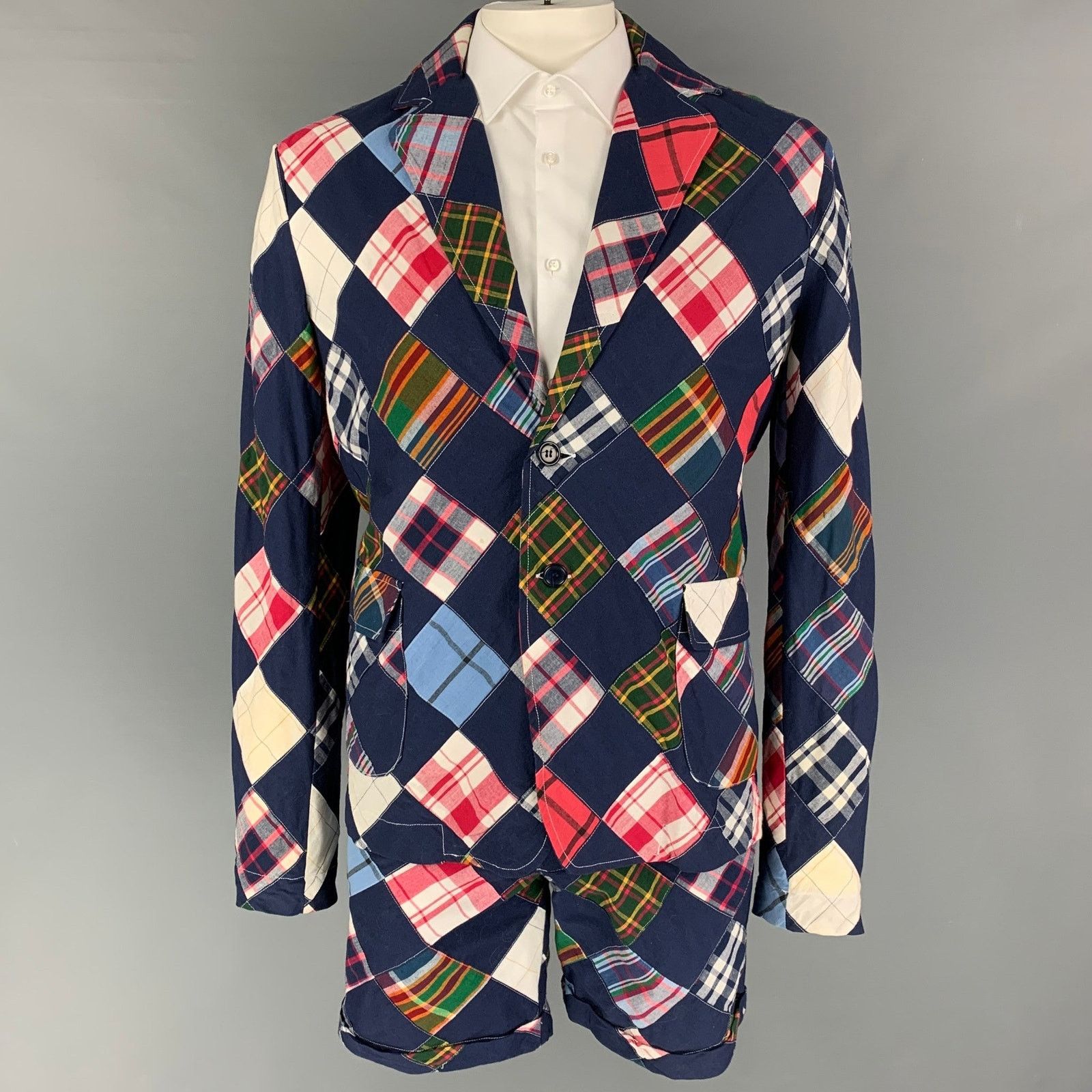 Band Of Outsiders Size 42 Navy Muliti-Color Patchwork Cotton Notch Lapel Suit Size 42R - 2 Thumbnail