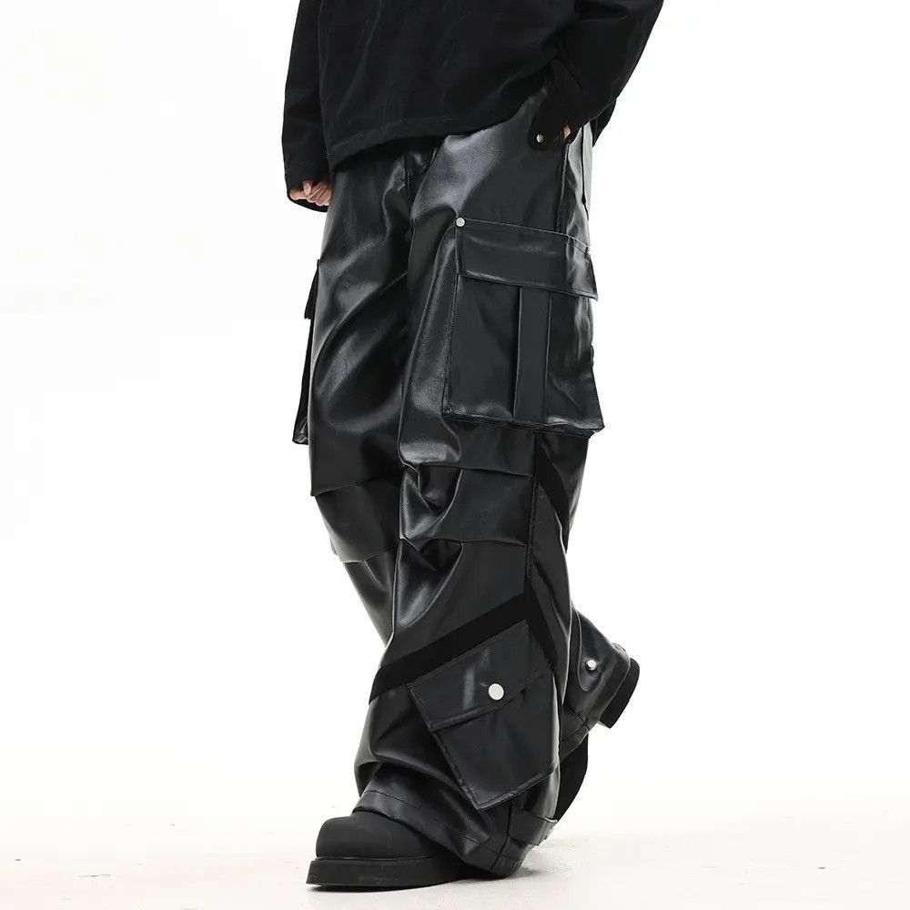 Jean Black Baggy Cargo PU Leather Jeans Size US 32 / EU 48 - 4 Thumbnail
