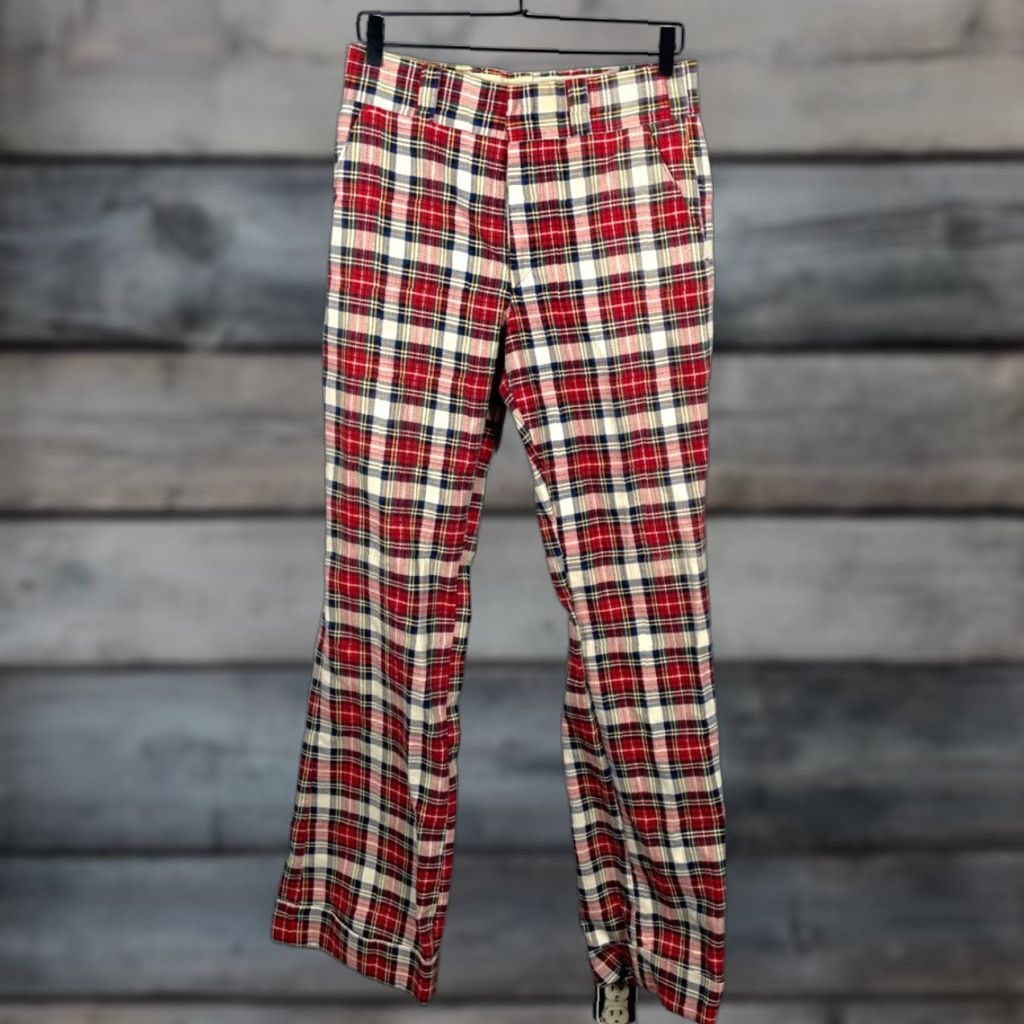 Bell VINTAGE 70s Corduroy Flare Bell Bottom Pants Men 29 x 34 Red Plaid Talon Zip Cuffed Size US 29 - 1 Thumbnail