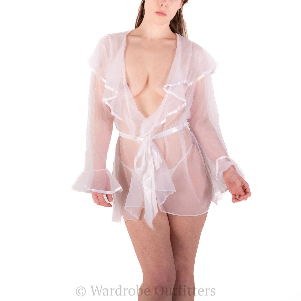 Designer White Sheer Mesh Lace Belted Robe Lingerie Size ONE SIZE - 1 Thumbnail