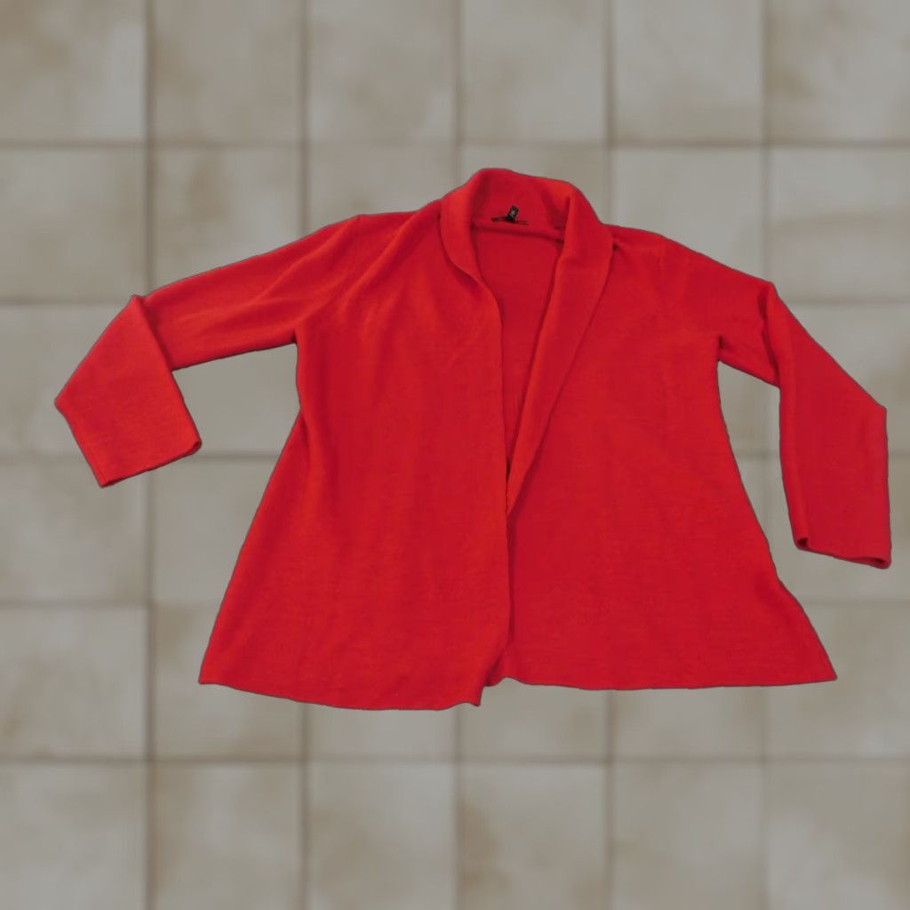 Eileen Fisher VINTAGE? No. Eileen Fisher Sweater Cardigan Wool Open Front Lightweight Red Petite Large Bell Sleeve Womens Size L / US 10 / IT 46 - 1 Thumbnail