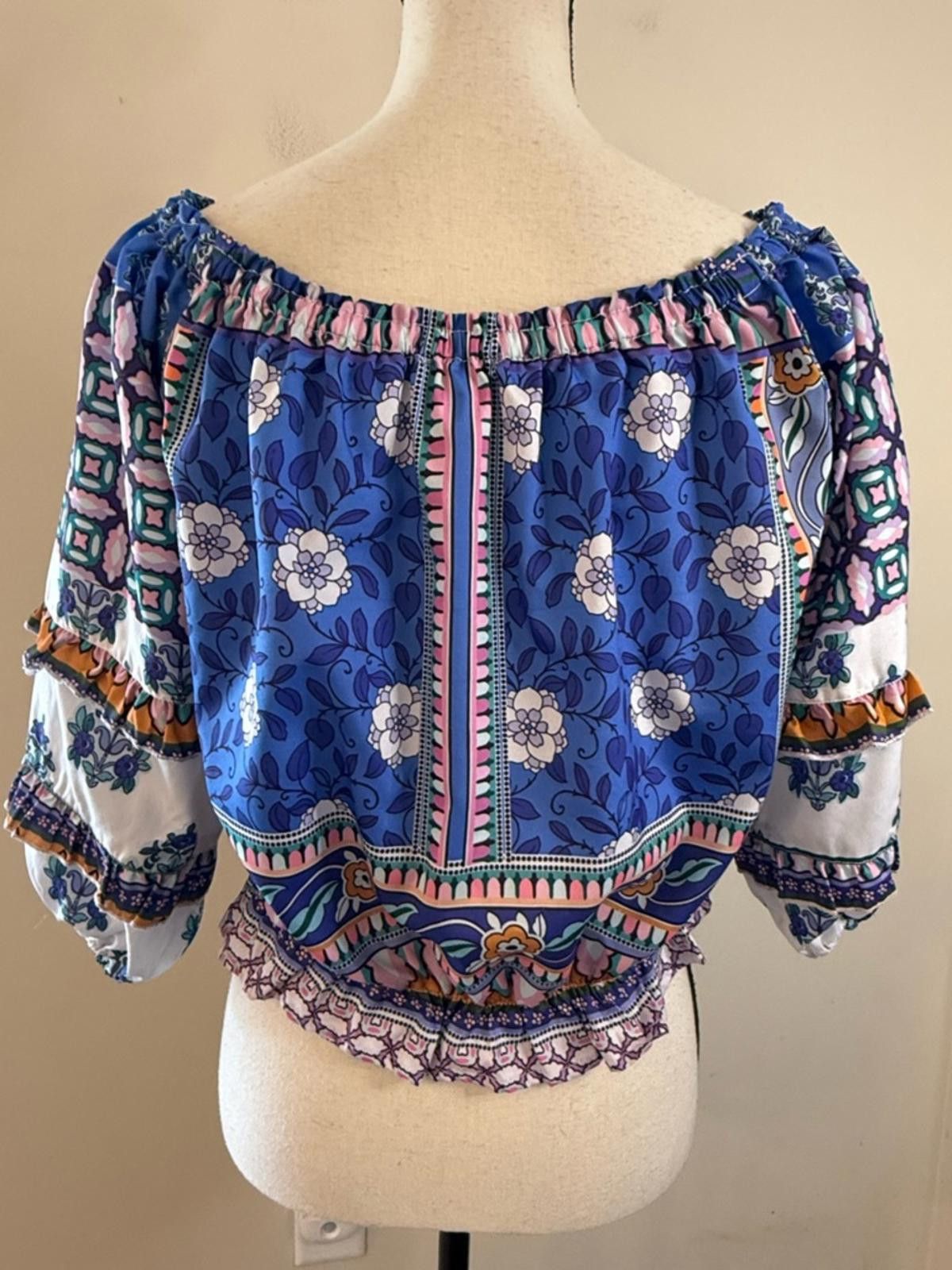 Other Rachel Zoe boho crop top blue multicolor puff sleeves SZ SM Size S / US 4 / IT 40 - 4 Thumbnail