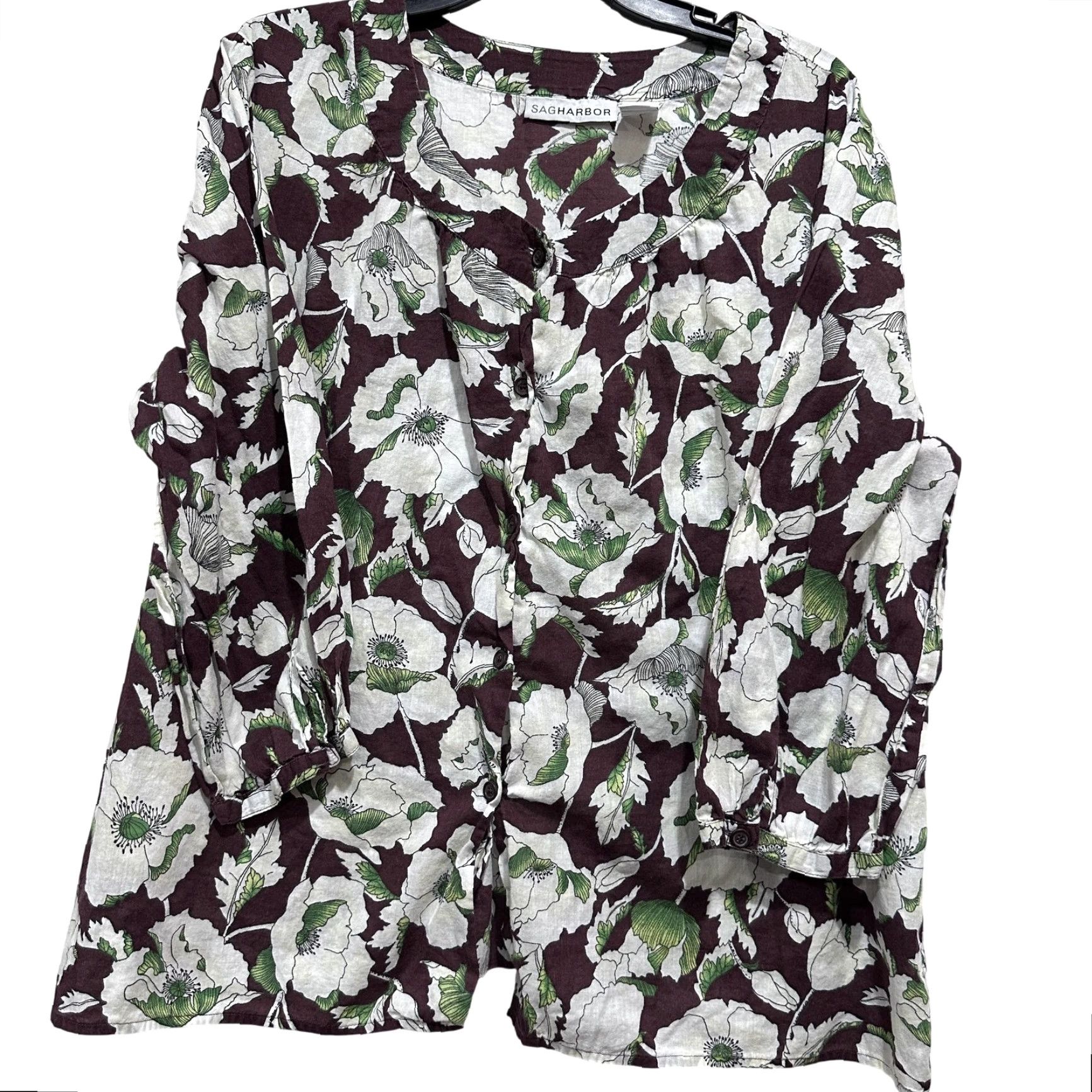 Vintage Sag Harbor Shirt Women XL Green Floral 100% Cotton Tunic Top Garden Casual Blouse Long Sleeve Button Henley Collarless Size XL / US 12-14 / IT 48-50 - 2 Thumbnail