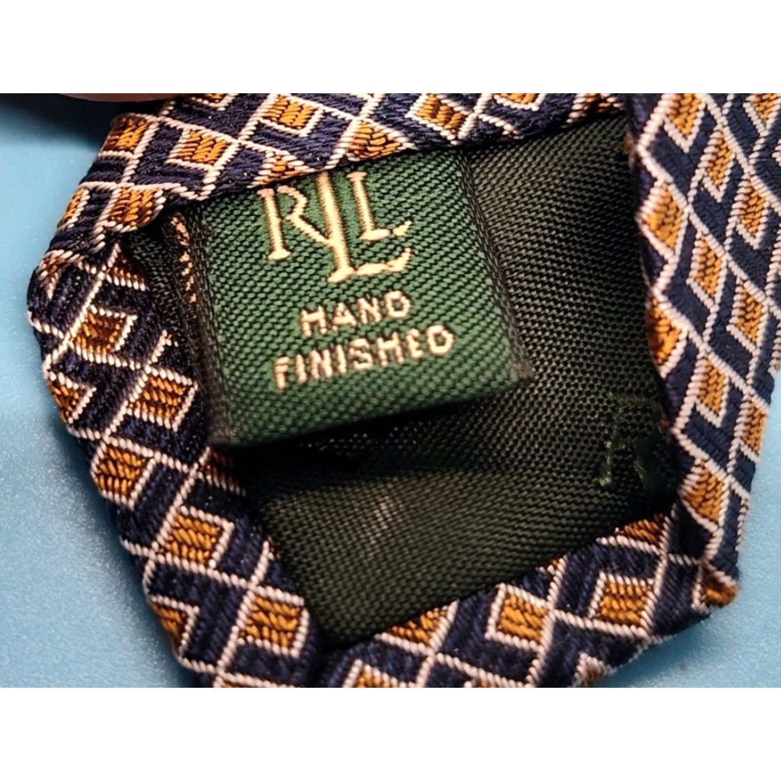 Ralph Lauren VINTAGE Lauren Ralph Lauren Green Label Tie Men 3 3/4" Width 59" Length Yellow Blue Geometric Silk Adjustabledunno Size ONE SIZE - 6 Thumbnail