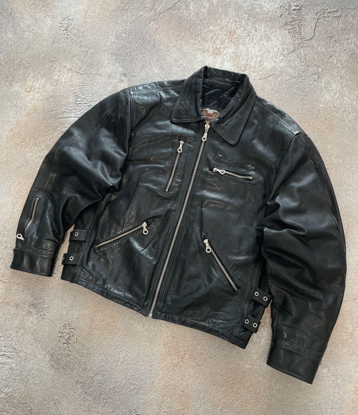 Harley Davidson Vintage Harley Davidson Heavy Leather Jacket Big Logo Size US XL / EU 56 / 4 - 2 Thumbnail