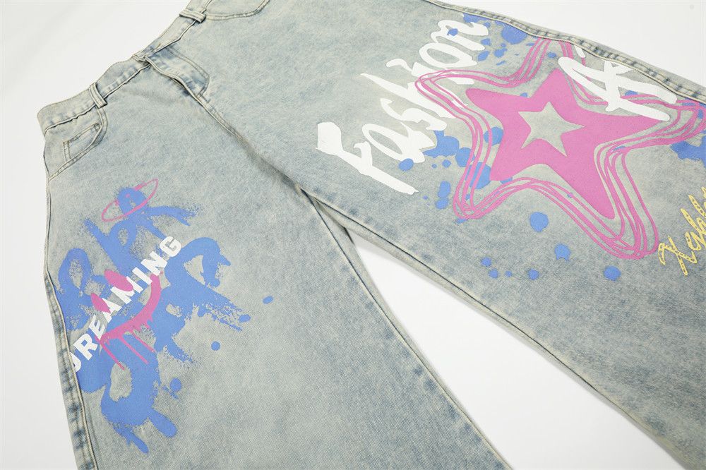 Jean Loose men's punk washed distressed graffiti scimitar jeans Size US 32 / EU 48 - 4 Thumbnail