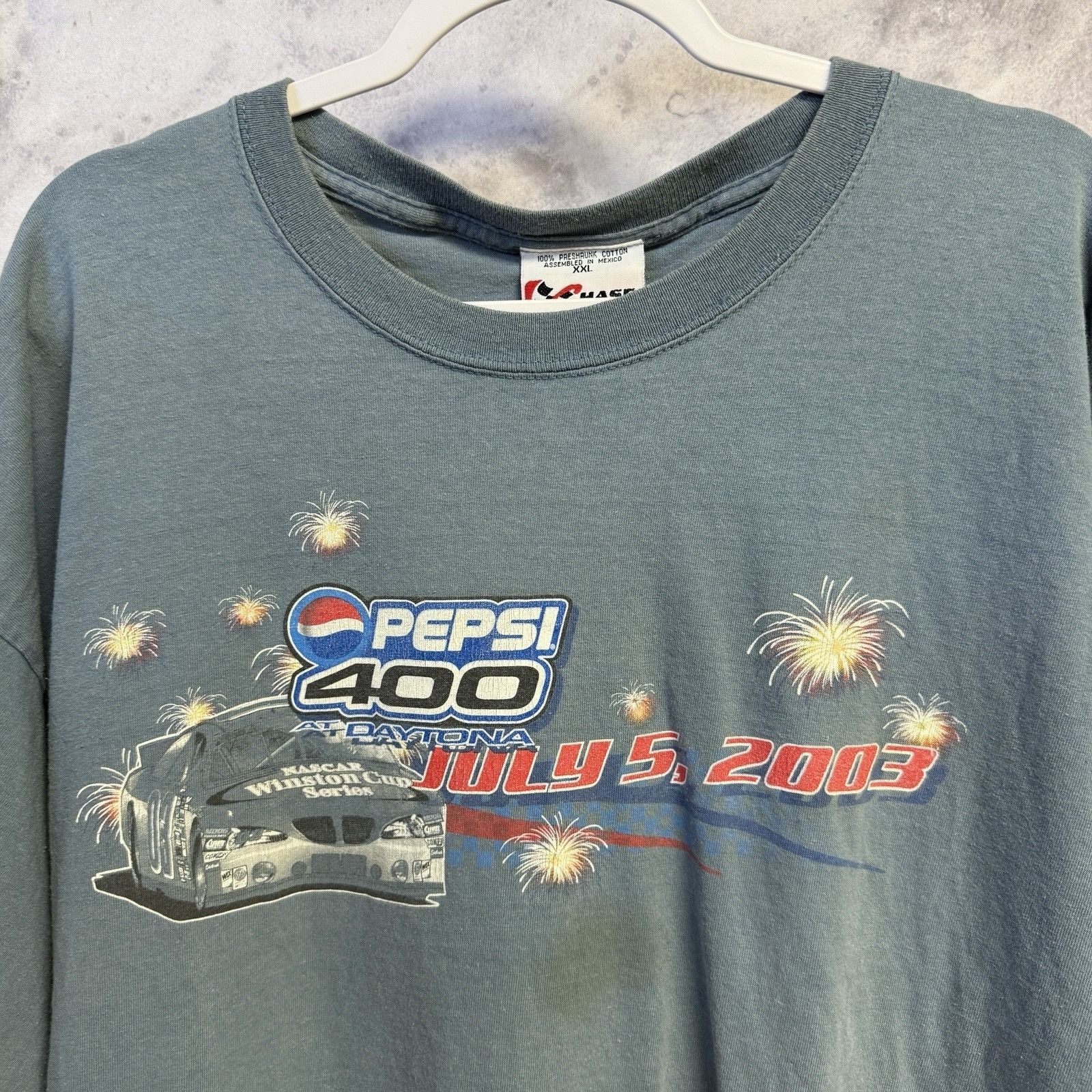 Chase Authentics Vintage Nascar Pepsi 400 T Shirt Mens XXL 27x29.5 Blue Short Size US XXL / EU 58 / 5 - 3 Thumbnail