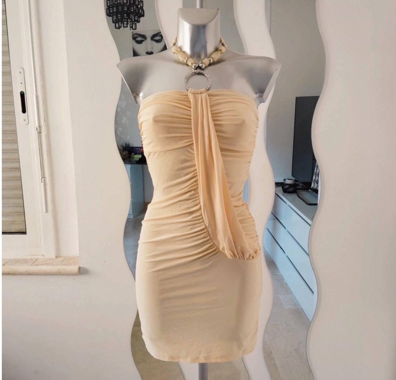 Designer × Vintage Strapless Nude Bodycon Dress Drapped Asymmetric Avantgarde Size XS / US 0-2 / IT 36-38 - 4 Thumbnail